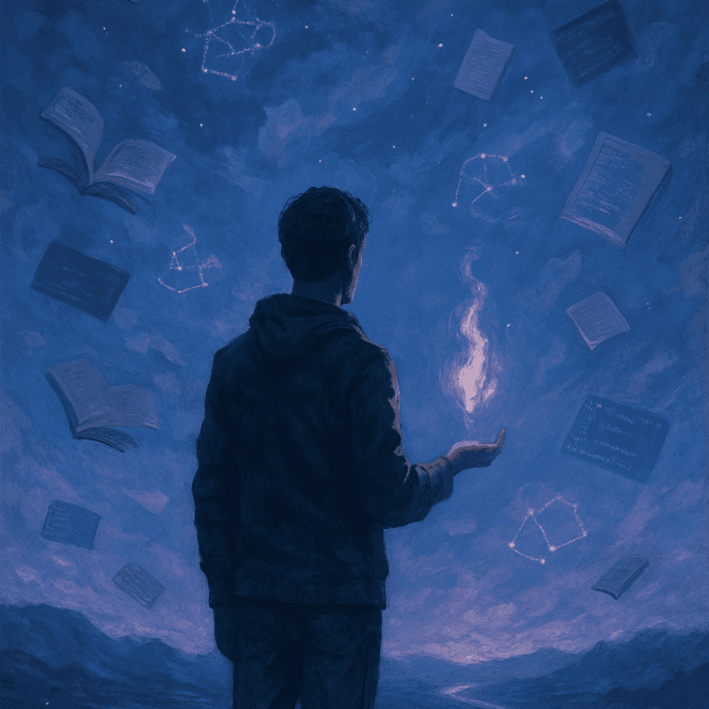AI generated. A lone figure with a flame floating above his hand. Books circling around him.
